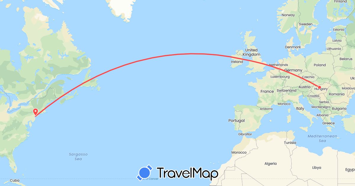TravelMap itinerary: driving, hiking in Hungary, Ireland, United States (Europe, North America)